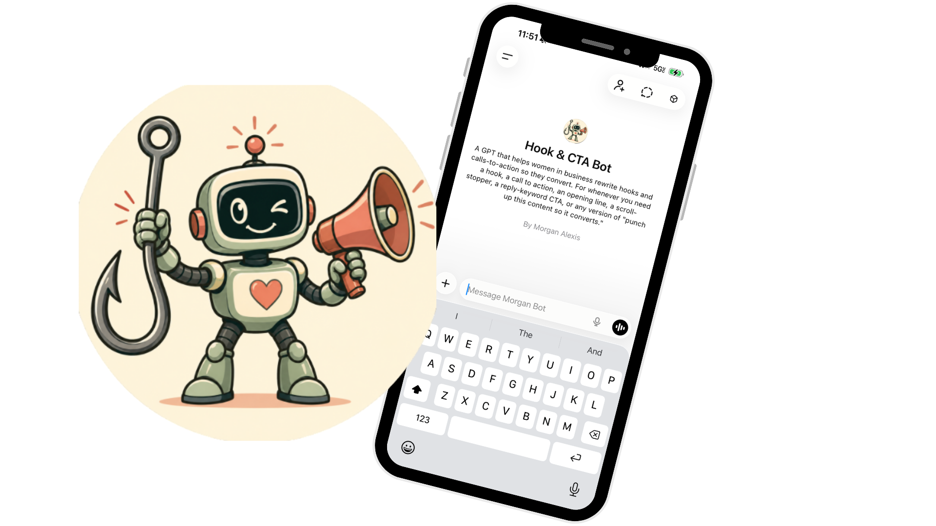 Hook & Caption Bot chat on a phone, next to its robot mascot holding a hook and megaphone